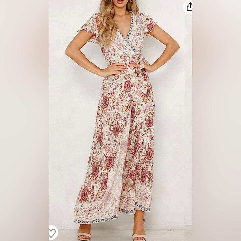 Bohemian Floral Printed Wrap V Neck Short Sleeve Split Beach Party Maxi Dress